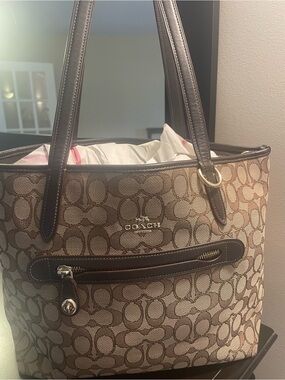 Coach Brown Signature Canvas Tote with Dark Leather Trim